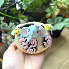 Real & Unique | Handcrafted and Hand Painted Black Pottery Pots | 3D Shapes | Elephant and Pink Daisy