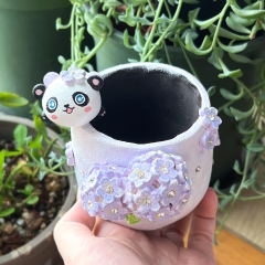Real & Unique | Handcrafted and Hand Painted Black Pottery Pots | 3D Shapes | Panda and purple hydrangea