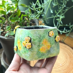 Real & Unique | Handcrafted and Hand Painted Black Pottery Pots | 3D Shapes | Yellow Rose