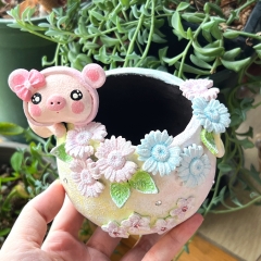 Real & Unique | Handcrafted and Hand Painted Black Pottery Pots | 3D Shapes | Piggy and pink blue daisies