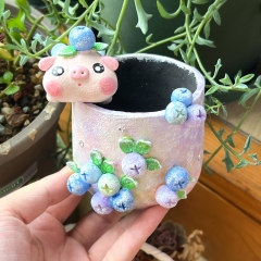 Real & Unique | Handcrafted and Hand Painted Black Pottery Pots | 3D Shapes | Piggy and Blueberries