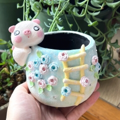 Real & Unique | Handcrafted and Hand Painted Black Pottery Pots | 3D Shapes | Piggy and rose ladder