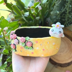 Real & Unique | Handcrafted and Hand Painted Black Pottery Pots | 3D Shapes | Cute bunny and Red rose