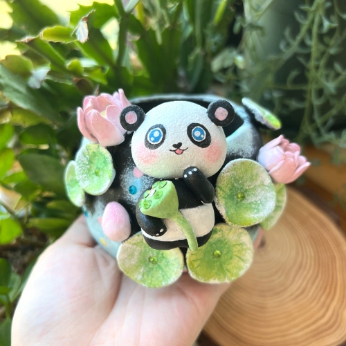 Real & Unique | Handcrafted and Hand Painted Black Pottery Pots | 3D Shapes | Cute panda and lotus