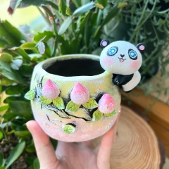 Real & Unique | Handcrafted and Hand Painted Black Pottery Pots | 3D Shapes | Cute panda and Peach tree