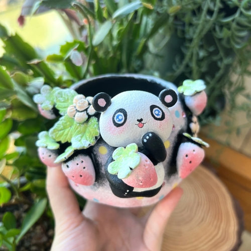 Real & Unique | Handcrafted and Hand Painted Black Pottery Pots | 3D Shapes | Panda and Strawberry